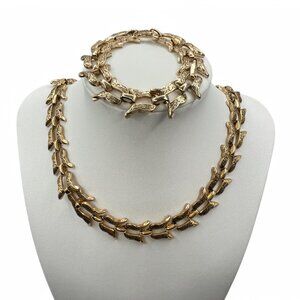 Vintage MARINO Floral Butterfly Link Necklace and Bracelet Set Gold Tone Floral